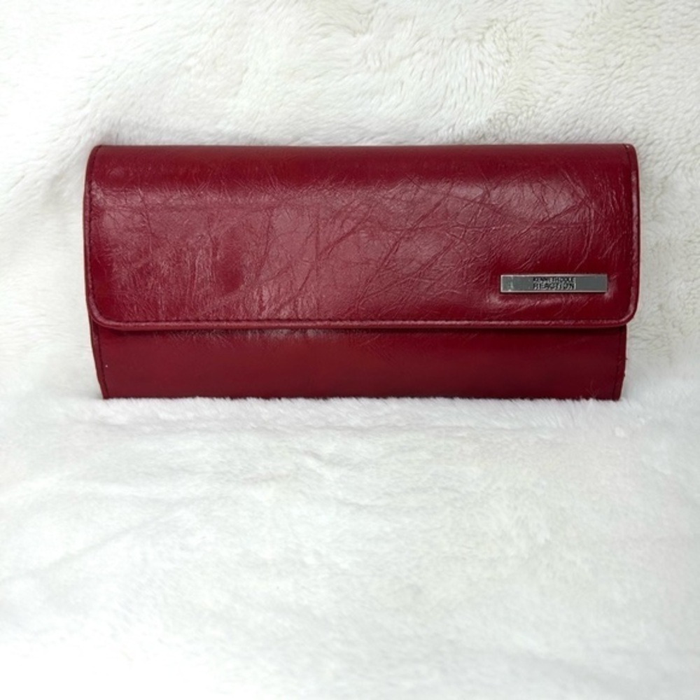 KENNETH COLE REACTION Red Leather Wallet with Leopard Print Interior